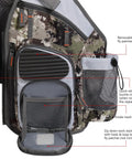 Close-up of Adjustable Straps Fishing Vest with padded air mesh, zip pockets, and fly patches in grunge camo design.