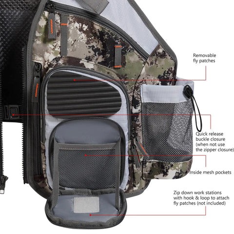 Close-up of Adjustable Straps Fishing Vest with padded air mesh, zip pockets, and fly patches in grunge camo design.