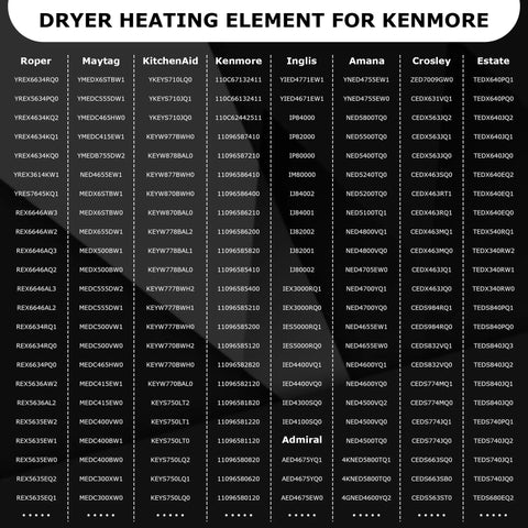 Dryer model compatibility chart for Heavy Duty Dryer Heating Element Kit Replacement W10724237 3403585 279838.