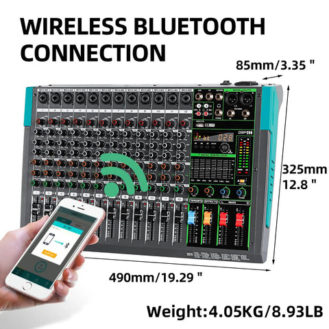 12 Channel Digital USB Bluetooth Audio Mixer With MP3 Player, 48V Phantom Power, Built In Reverb, 256 Effects, Three Band EQ