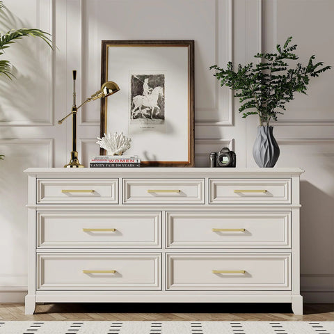 White dresser with 5 Pack 8 Inch Brushed Gold Cabinet Handles Center To Center Drawer Pulls in a modern bedroom setting