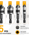 82 Degree Five Flute Countersink Drill Bit Set, showing five HSS bits with hex shank, size range 1/4 to 3/4 inch, for metal and wood.