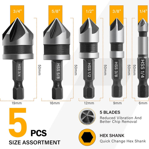 82 Degree Five Flute Countersink Drill Bit Set, showing five HSS bits with hex shank, size range 1/4 to 3/4 inch, for metal and wood.