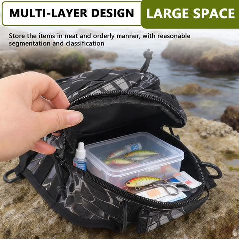 Person packing fishing gear into Large Capacity Fishing Backpack With Three Carrying Options Backpack Sling Or Chest Use Waterproof 900D Oxford Fabric Tear And Wear Resistant For Outdoor Fishing Travel Hiking And Hunting 8 By 5.5 By 11 Inches Pythonskin Black on a rocky shore