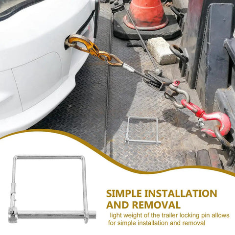 Heavy Duty 6 Pack Square Trailer Hitch Coupler Safety Pins With Lanyards Plus Locking Cotter Keys in use for towing.