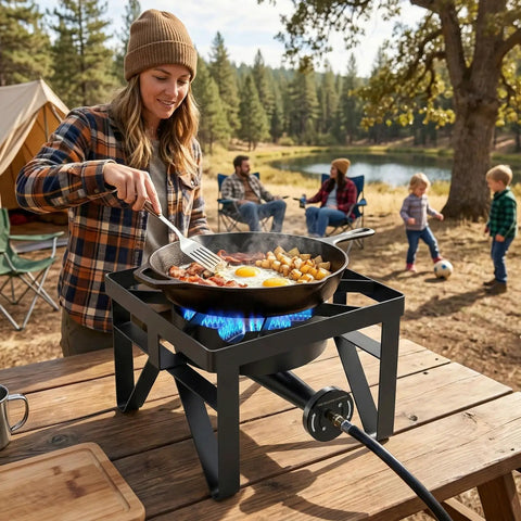 200000 BTU Heavy Duty Propane Burner Boss Level Heat Outdoor Stove With 0 To 20 PSI Adjustable Regulator cooking breakfast outdoors