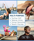Collage of multi-purpose water activities featuring surfing, paddling, and swimming with focus on 32 Inch Wetsuit Changing Mat Bag With Shoulder Strap Waterproof Wet Suit Carrier Keeps Your Car Clean And Gear Dry Ideal Surf Change Gear Surfing Accessories And Gifts Black.
