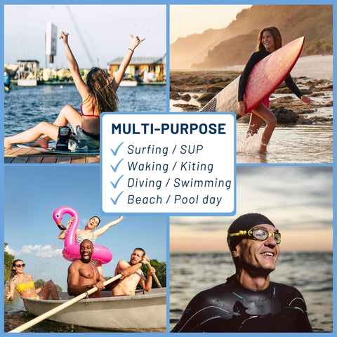 Collage of multi-purpose water activities featuring surfing, paddling, and swimming with focus on 32 Inch Wetsuit Changing Mat Bag With Shoulder Strap Waterproof Wet Suit Carrier Keeps Your Car Clean And Gear Dry Ideal Surf Change Gear Surfing Accessories And Gifts Black.