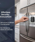 Person using Heavy Duty 2 Pack Fridge And Cabinet Locks With 4 Digit Code Kid Safe Lock on stainless steel fridge.