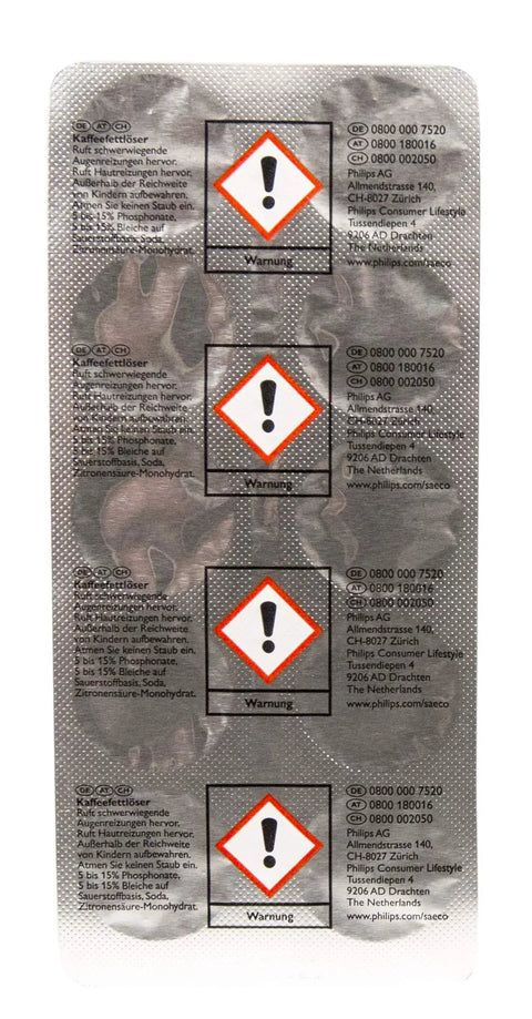 Blister pack of coffee cleaning tablets for espresso machines biodegradable non toxic safe for semi and super automatic brew units.