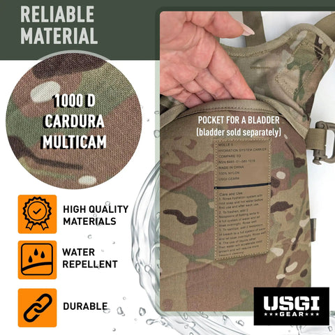 Multicam MOLLE Hydration Carrier showing close-up of durable 1000D Cordura fabric, highlighting material qualities and features.