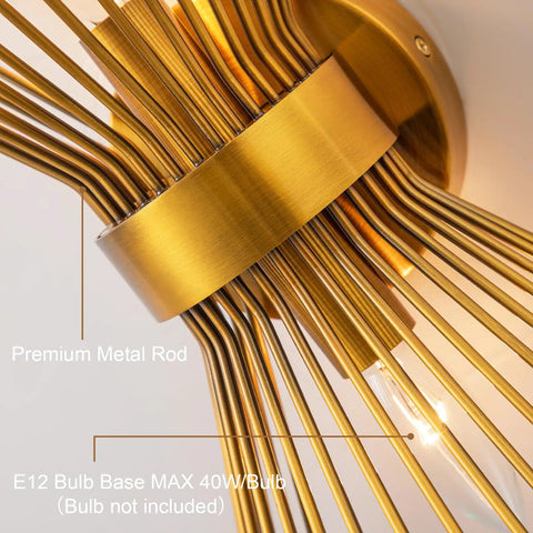 Close-up of the Gold Starburst Wall Sconce Vanity Light With Two Bulbs for Bathroom Hallway and Bedroom Mid Century Modern Indoor Lighting Vintage Style Wall Lamp Dope Vibe Home Decor 11 By 4.7 By 15.8 Inches showcasing metal rods and bulb base.
