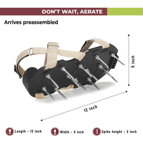 Game-Changing Lawn Aerator Shoes With Adjustable Straps Pre-Assembled One-Size-Fits-All showing dimensions 12x5 inches