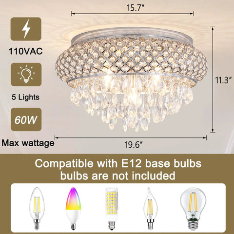 Crystal Chandelier 19.5 Inch 5 Light Vintage Ceiling Fixture With Drum Raindrop Shade In Chrome Finish shown with bulb types