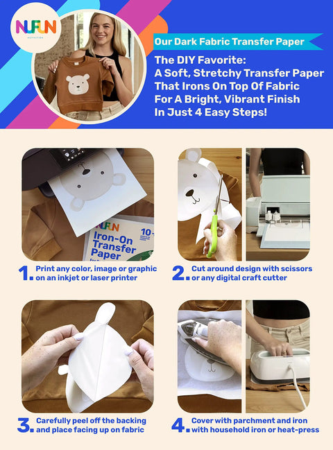 DIY T Shirt Transfer Paper Combo For Light And Dark Fabrics infographic showing application steps with iron-on bear design