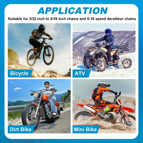 Application of Universal Bike Chain Tool With Chain Hook, Two In One Chain Breaker And Installer For Seven To Eleven Speed Road And Mountain Bikes displayed for various vehicles.