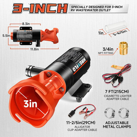 Image showing components of 12V RV Macerator Pump For Sewage With 12 GPM Flow 10 Ft Lift And 3.2 Ft Suction Portable Waste Pump