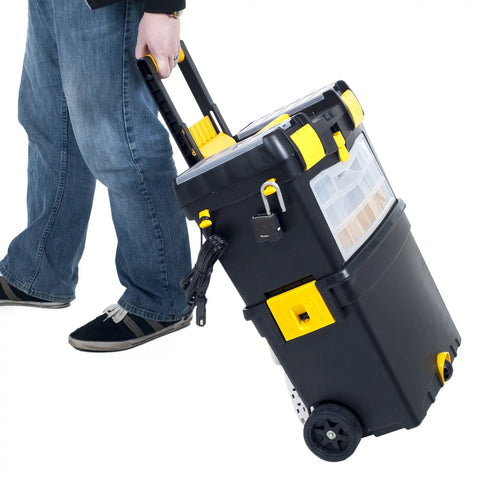 Rolling Tool Chest On Wheels With Drawers And Stackable Compartments For On The Go Jobs being pulled by person