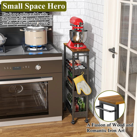 4 Tier Slim Rolling Storage Cart With Wood Top For Narrow Spaces Between Appliances in Small Kitchen