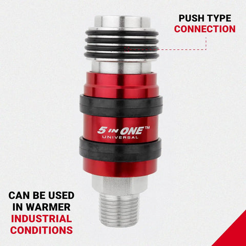 Heavy Duty Five In One Universal Safety Exhaust Quick Connect Industrial Coupler with push type connection for air venting.
