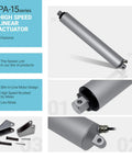 Product display of 12V Linear Electric Actuator with 1 inch stroke and 11 lb load capacity, including high-speed brushed DC motor components.