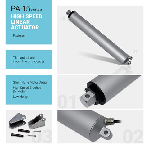 Product display of 12V Linear Electric Actuator with 1 inch stroke and 11 lb load capacity, including high-speed brushed DC motor components.