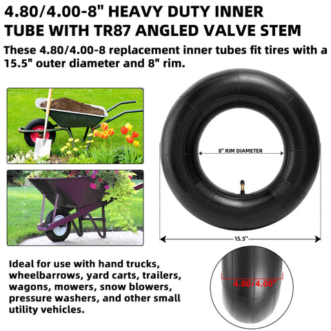 Heavy Duty Inner Tube 4.80/4.00-8 For Wheelbarrows Wagons Mowers Hand Trucks Go Karts With TR87 Angled Valve Stem displayed