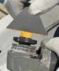 Diamond Beveling Chamfer Bits For Enlarge And Shape Holes In Tile Marble Glass Granite Ceramic Pro Grade Countersink Drill Bits 27mm To 82mm Diameter With 5/8-11 Threads Yellow Finish mounted on angle grinder in use