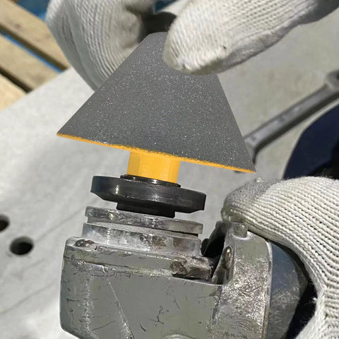 Diamond Beveling Chamfer Bits For Enlarge And Shape Holes In Tile Marble Glass Granite Ceramic Pro Grade Countersink Drill Bits 27mm To 82mm Diameter With 5/8-11 Threads Yellow Finish mounted on angle grinder in use