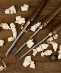 Badass 3 Piece HSS Bowl Gouge Set For Wood Turning Lathe Tools showing pre-sharpened chisels and wood shavings.