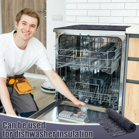 Three Piece Cotton Sound Insulation Blanket for Noise Reduction on Walls and Pipes Helps Kill Annoying Dishwasher Racket with Heavy Duty Acoustic Padding Measuring Sixteen by Forty Eight Inches to Keep Home Chillin in use on a dishwasher.