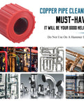3 Piece Copper Pipe Cleaner Deburring Tool Set For 1/2 Inch, 3/4 Inch, And 1 Inch Pipes image with red cleaner and pipe fittings.
