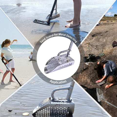 Collage of Sand Scoop For Metal Detecting Stainless Steel Beach Treasure Dig Tool with Adjustable Long Handle in use on beach and sand.