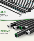 Mesh wire shelf and thickened pipes for Beefed Up Storage Shelves With Adjustable Height, 3840 Lbs Capacity