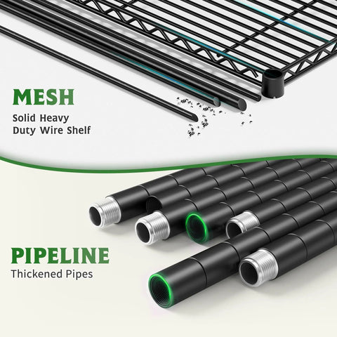 Mesh wire shelf and thickened pipes for Beefed Up Storage Shelves With Adjustable Height, 3840 Lbs Capacity