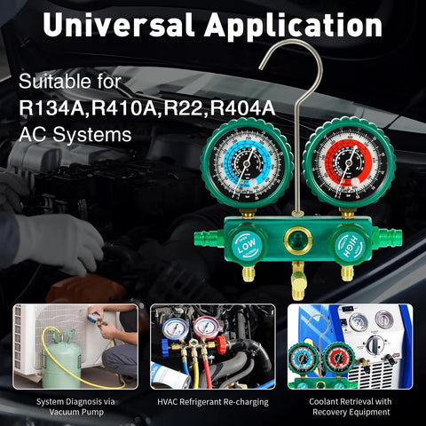 4.5 CFM Vacuum Pump And Gauge Set With Aluminum Manifold Gauge Quick Couplers Two Can Taps 410 Adapter For R134A R410A R22 R404A Refrigerants And AC Maintenance Green, green manifold gauge set with two dials