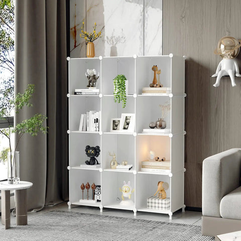 Cube Storage Organizer 12 Cube Bookshelf DIY Plastic Closet Clothes Shelves With Wooden Mallet Stackable Storage Solution For Home Bedroom White in living room with books and decor