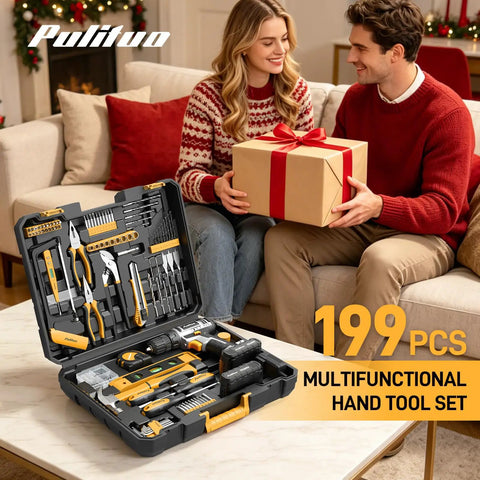 20V Cordless Power Drill Kit With Dual Speed Motor And Two Rechargeable Batteries Featuring Hella Tough Electric Screwdriver LED Work Light 199 Piece Home DIY Toolkit on a table with gifts.