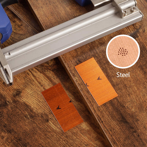 Three Size 23 Gauge Pinner Nails Set For Pneumatic Or Electric Pin Nailer Copper Plated Steel Corrosion Resistant Pack shown with nailer on wood