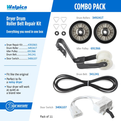 Complete Dryer Repair Kit With Belt, Two Drum Rollers, Idler Pulley, And Door Switch for 29 Inch Dryers, labels shown
