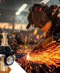 Welder working with sparks and All In One Helium Balloon Filler With Air Flow Regulator And 0 To 3000 PSI Gauge near CGA580 tank