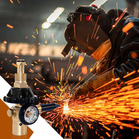 Welder working with sparks and All In One Helium Balloon Filler With Air Flow Regulator And 0 To 3000 PSI Gauge near CGA580 tank