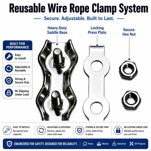 Image showing components of the One Eighth Inch Stainless Steel Wire Rope Kit With Reusable Cable Clamps, Heavy Duty 304 7x19.
