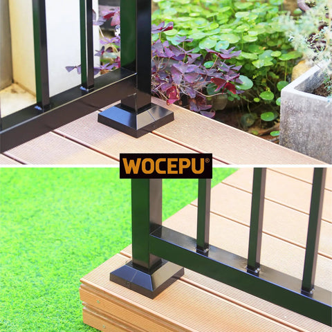Heavy Duty 8 Pack 2X2 Aluminum Deck Post Base Covers With Slick Matte Black Finish built on a wooden deck railing.