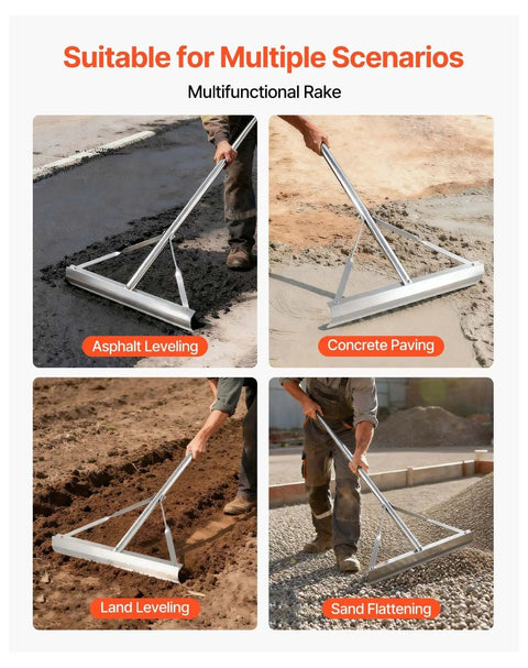 Heavy Duty Aluminum Landscape Rake With 60 Inch Handle And 20 Inch Wide Head For Asphalt Edges, Concrete Paving, Sand Or Soil Leveling