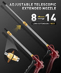 Adjustable telescopic nozzle of Heavy Duty High Flow Air Blow Gun With Adjustable 8 To 14 Inch Telescoping Extension Pro Grade Red Nozzle Blower Featuring Powerful Venturi Nozzle And Quarter Inch Quick Plug Stainless Steel Nozzle For Deep Dust Cleaning On Air Compressors