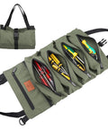 Sturdy Canvas 16oz Tool Roll Up Bag For Wrenches And Tools, green with five zipper pockets, shown open and rolled up.