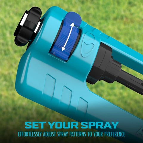 Close-up of adjustment knob on Oscillating Sprinkler With Adjustable Spray And 16 Clog Resistant Nozzles Metal Base For Up To 3600 Sq Ft Coverage
