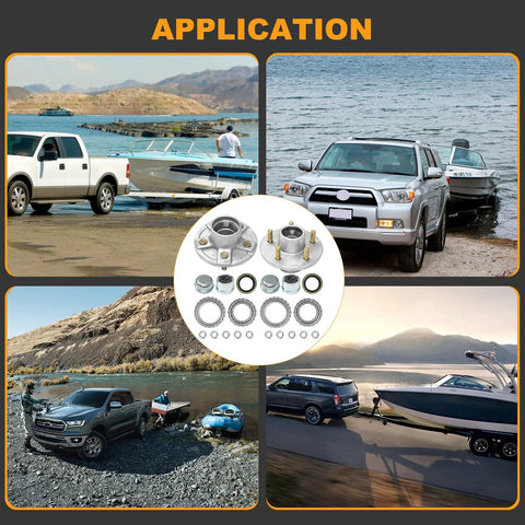 Image showing application of Trailer Hub Kit 5 Bolt 4.5 Inch For 1 To 1.375 Inch Tapered Axles with boats being towed by trucks.