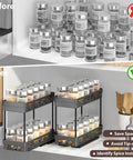 Pull Out Spice Rack Organizer For Cabinets, 3 Pack Slide Out Pantry Shelves, with jars organized in black double tier drawer.
